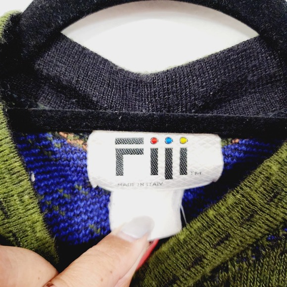 Vintage 90’s Fiii Mens Knit Sweater Green Made in Italy Crewneck Graphic Size L - Picture 2 of 11
